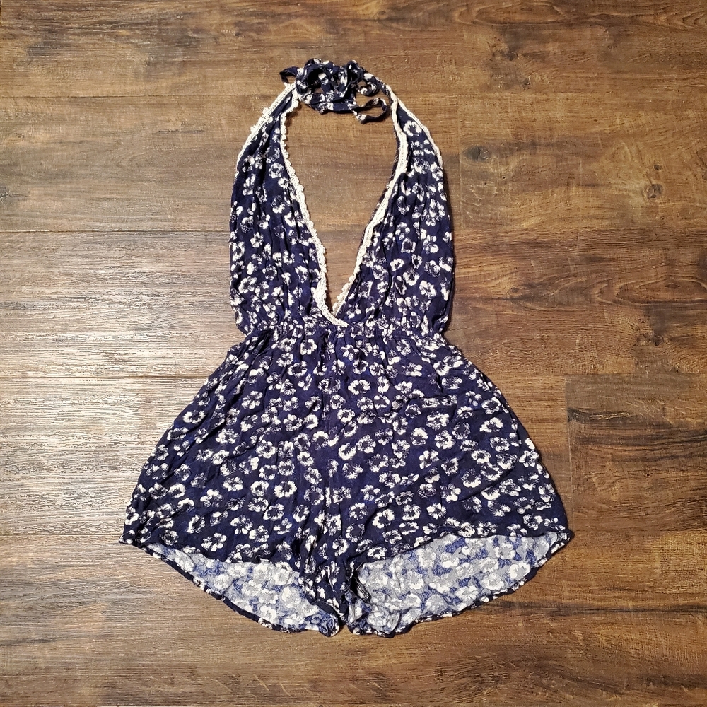 Audrey 3+1 Navy Floral Halter Romper Small